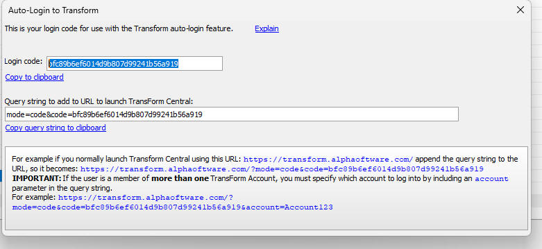 Dialog showing the generated Transform login code.